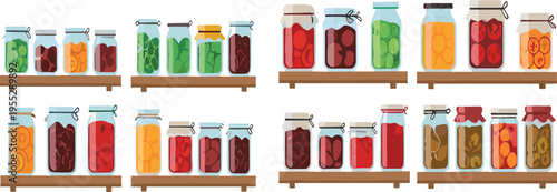 Homemade Preserved Food Jars Collection with Pickled Vegetables, Fruits, and Fermented Ingredients on Shelves in Flat Cartoon Style Vector Illustration for Kitchen and Storage Design