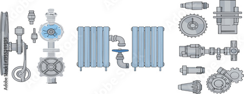 Industrial Mechanical Equipment and Pipeline Components Set Featuring Valves, Gears, Radiators, and Engineering Parts in Detailed Flat Vector Illustration for Manufacturing and Technical Design