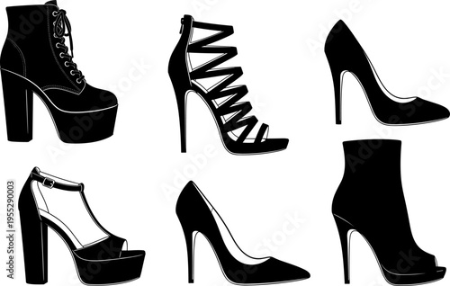 Fashion high heel shoes silhouettes collection, elegant women footwear set, stiletto platform boot sandal styles, glamour boutique isolated vector illustration