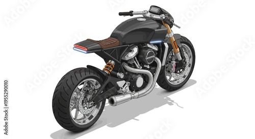 A 3D isometric illustration of a classic custom motorcycle with a modern design, showcasing its sleek black finish and brown leather seat