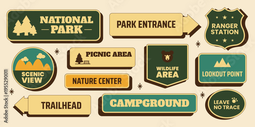 Retro national park sticker set with ranger station, park entrance, scenic view, trailhead, campground and more. Vector illustration in vintage midcentury 50s style for outdoor recreation and travel