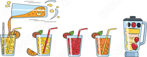 Fresh Fruit Juice and Smoothie Glasses with Blender, Colorful Vector Illustration of Healthy Drinks