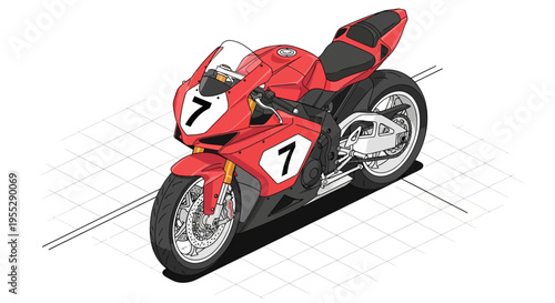 Isometric Red Sport Motorcycle with Racing Number 7 on Grid Background