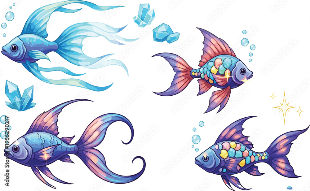 Fototapeta premium Colorful Fantasy Aquarium Fish Set with Decorative Ornamental Fish Sea Plants Bubbles and Crystals Magical Underwater Vector Illustration Collection