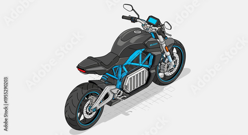 Isometric illustration of a modern electric motorcycle with a sleek design and advanced technology, perfect for urban commuting
