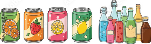 Colorful Beverage Packaging Set with Soda Cans and Glass Bottles Featuring Fruit Flavors in Flat Cartoon Style Vector Illustration for Drink Branding and Label Design