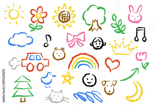 Kid crayon hand drawn scribble. Set of vector kid illustration. Colorful kid doodle drawing