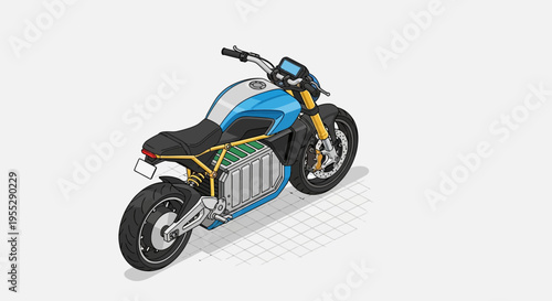 Futuristic Isometric Electric Motorcycle Design with Visible Battery Pack, Symbolizing Sustainable Energy and Modern Urban Travel Solutions