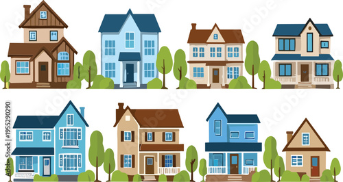 Colorful Suburban Houses Collection with Trees and Residential Buildings in Flat Style Vector Illustration for Real Estate, Property Design, and Urban Neighborhood Concepts