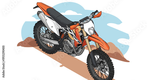 An orange and white dirt bike is shown from a low angle on a sandy track with hills in the background