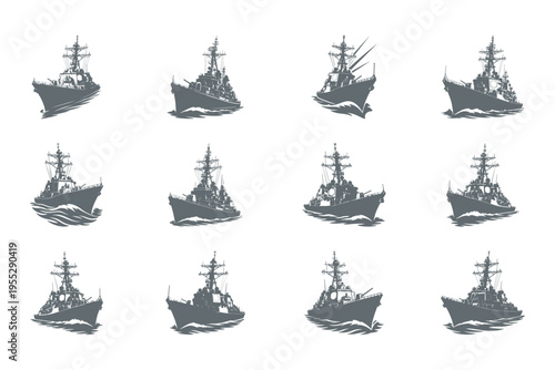 set of gray silhouette ships and boats on water