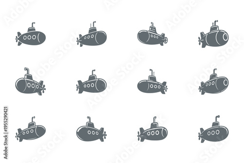 Set of submarine icons in different orientations on white background