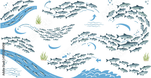School of Fish Swimming Formation Set with Ocean Waves, Water Flow Arrows and Seaweed Marine Life Vector Illustration Collection