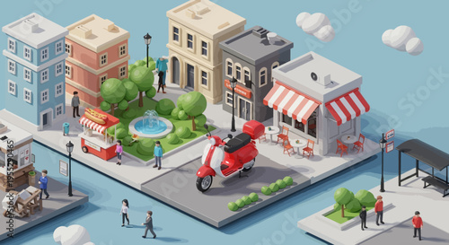 Isometric cityscape featuring urban businesses and a delivery scooter amidst a lively street scene