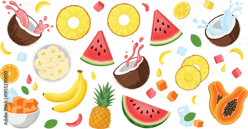 Tropical Fruit Vector Illustration Set with Pineapple, Watermelon, Coconut Splash, Banana, Papaya, Pineapple Rings and Fresh Summer Dessert Elements
