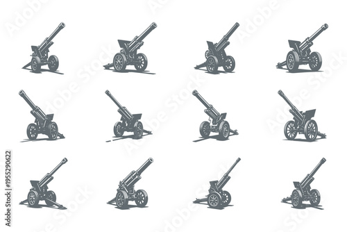 Collection of vintage cannons on wheels in grey
