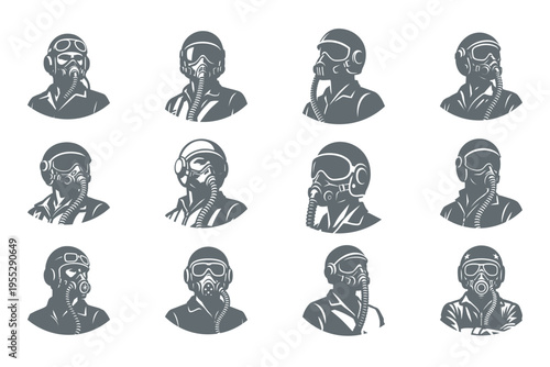 set of illustrations of people wearing gas masks