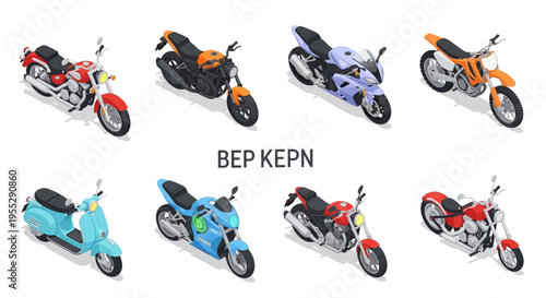 Comprehensive Isometric Set of Diverse Motorbikes and Scooters, Ideal for Illustrating Urban Mobility, Road Travel, and Modern Transportation Concepts