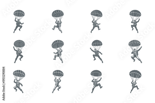 parachuting illustrations, skydiving icons, gray silhouette graphics