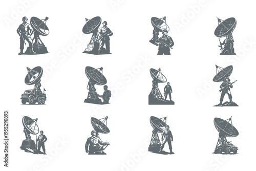 set of illustrations of people working with satellite dishes