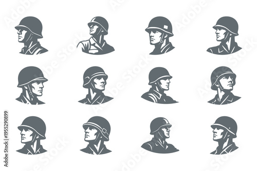Set of military helmets and soldier profile illustrations