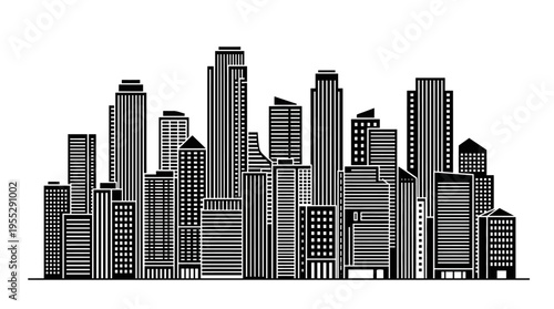 Modern City Buildings Silhouette on Isolated White Background