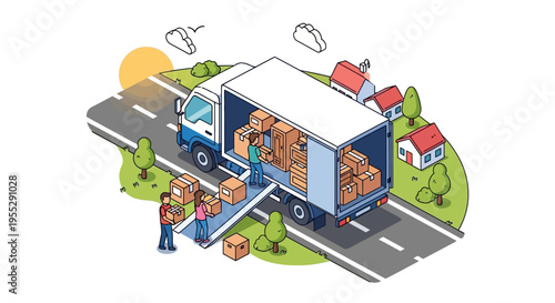 Isometric illustration of a moving truck being loaded with boxes by people, symbolizing logistics and delivery services on a suburban road with houses and trees