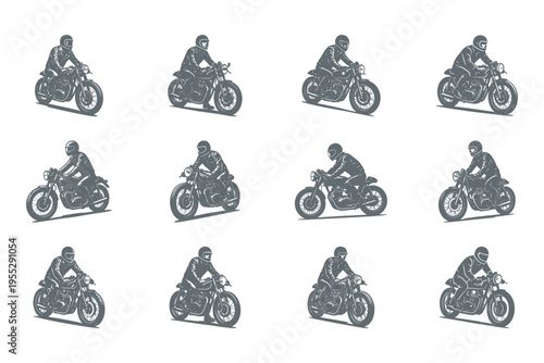 set of motorcycle riders in various poses