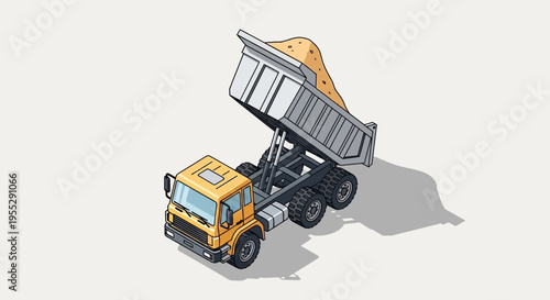 Isometric dump truck conveying a load of sand on a white background, a detailed illustration of construction machinery in 3D perspective