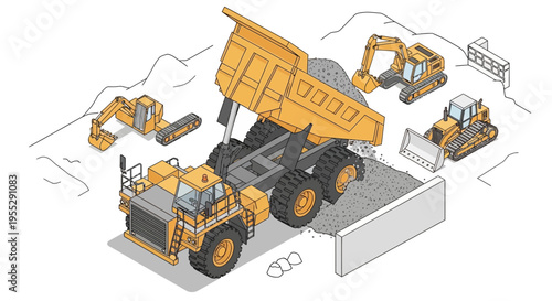 Isometric illustration showcasing heavy-duty construction vehicles in operation, including a dump truck, excavators, and a bulldozer
