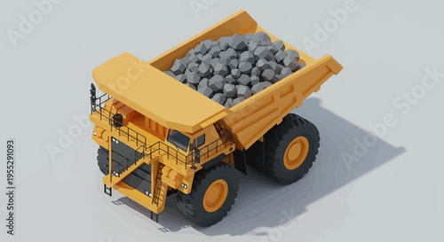 Isometric illustration of a heavy-duty mining dump truck loaded with rough rocks, showcasing industrial transportation and raw material handling in a quarry setting