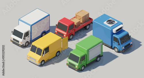 Isometric 3D rendering of a diverse fleet of delivery trucks and vans in various colors, representing efficient cargo transport and modern logistical services for businesses