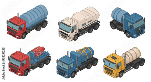 Collection of isometric industrial trucks, featuring tanker trucks and specialized transport vehicles in various colors