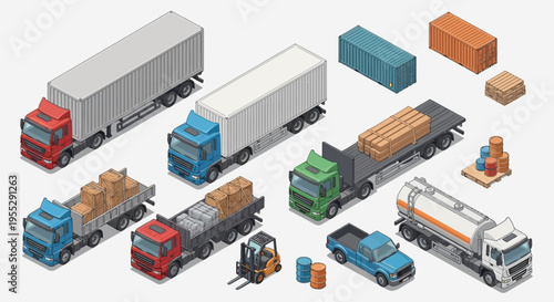 Comprehensive isometric collection featuring various cargo trucks, delivery vehicles, and logistics elements for modern transport and global shipping operations