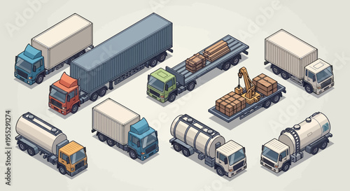 Isometric illustration of various commercial vehicles used for transportation and logistics, including trucks and tankers