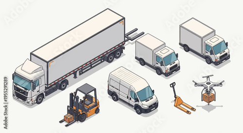 Isometric logistics and delivery transport set featuring commercial vehicles, forklifts, drones, and pallet jacks for efficient global cargo shipment and distribution