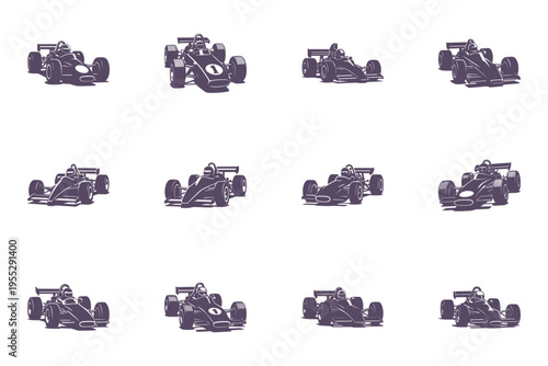 Collection of racing cars in motion on white background