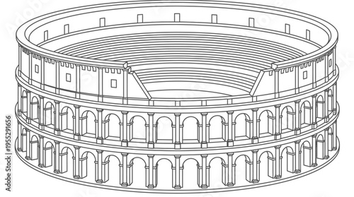Detailed Line Art of the Ancient Roman Colosseum on Isolated White Background