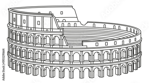 Iconic Roman Colosseum Outline Drawing of Ancient Amphitheater on Isolated White Background