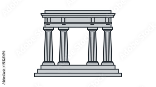 Ancient Greek Temple Ruin with Columns Line Art on Isolated White Background