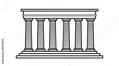 Architectural Outline of a Classical Temple Facade with Columns on Isolated White Background
