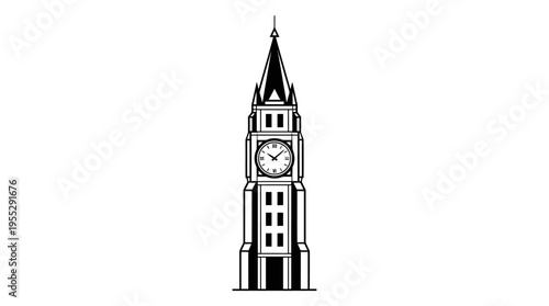 Classic Big Ben Clock Tower Outline in London on Isolated White Background