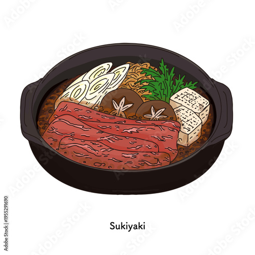 すき焼き鍋のイラスト 牛肉と野菜の和食料理｜すき焼き 牛肉 豆腐 長ねぎ しいたけ