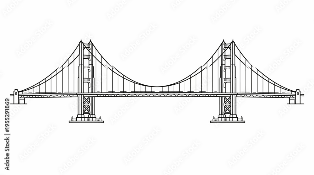 Fototapeta premium Suspension bridge illustration, long span bridge with cables and towers on an isolated white background.