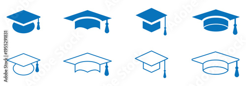 Line art and solid graduation cap icon set. Graduation cap vector icon set for education success and academic achievement design elements. eps 10