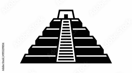 Detailed solid black Mayan stepped pyramid icon, ancient temple structure with distinct steps on an isolated white background.