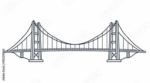 Simple suspension bridge illustration, clean line bridge with towers and cables on an isolated white background.