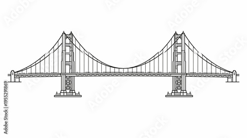 Suspension bridge illustration, long span bridge with cables and towers on an isolated white background.