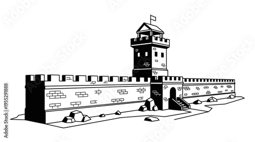 Medieval castle wall with watchtower and rocky ground, historical fortress illustration on an isolated white background.