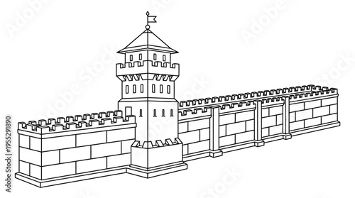 Detailed medieval castle wall with central watchtower and flag, historical fortification illustration on an isolated white background.